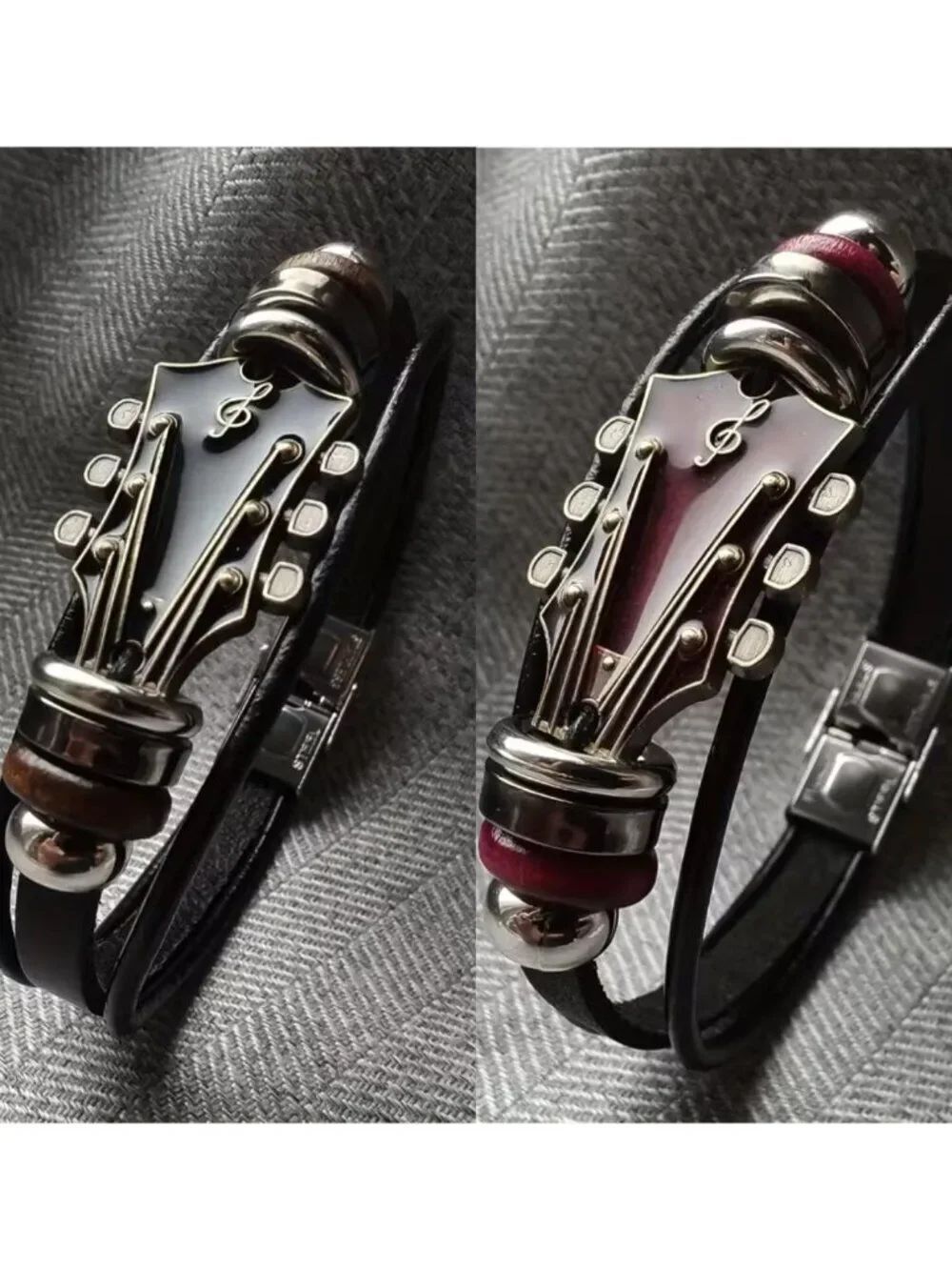 NWT Vintage Guitar Headstock Bracelet Muscian Jewerly Vegan Leather 2 Colors